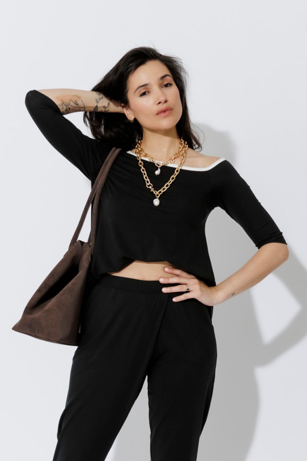 Black Contrast Tencel Off Shoulder Top