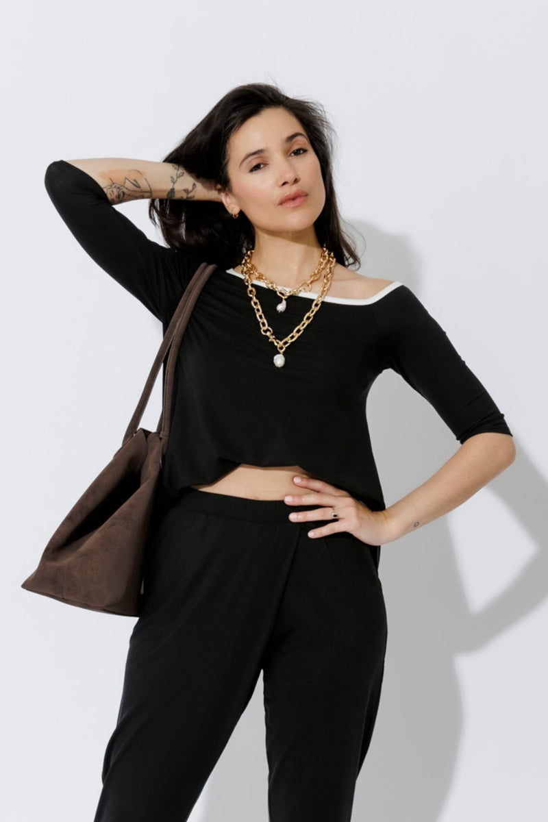 Black Contrast Tencel Off Shoulder Top