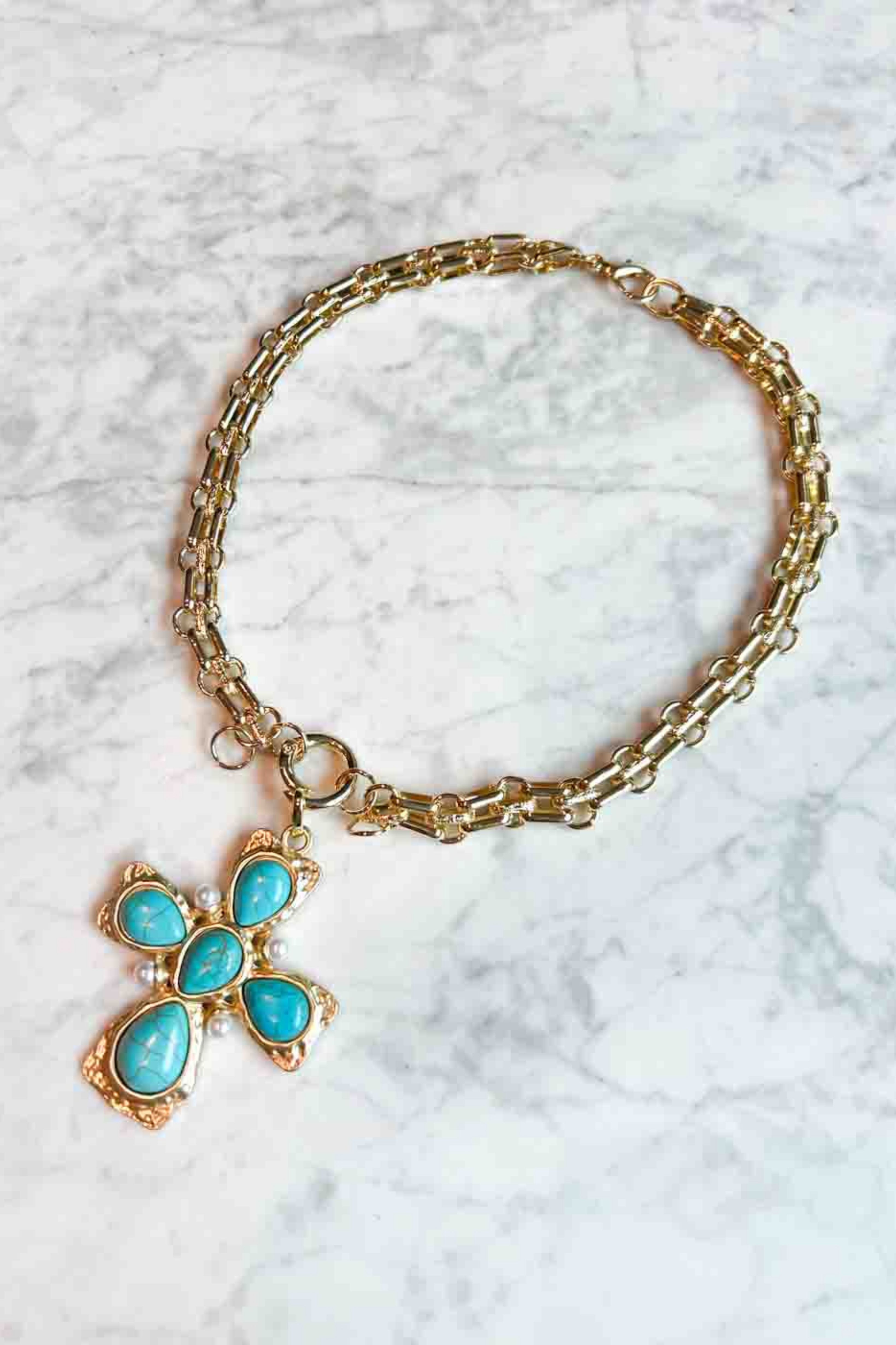 Gold Necklace With Turquoise Cross