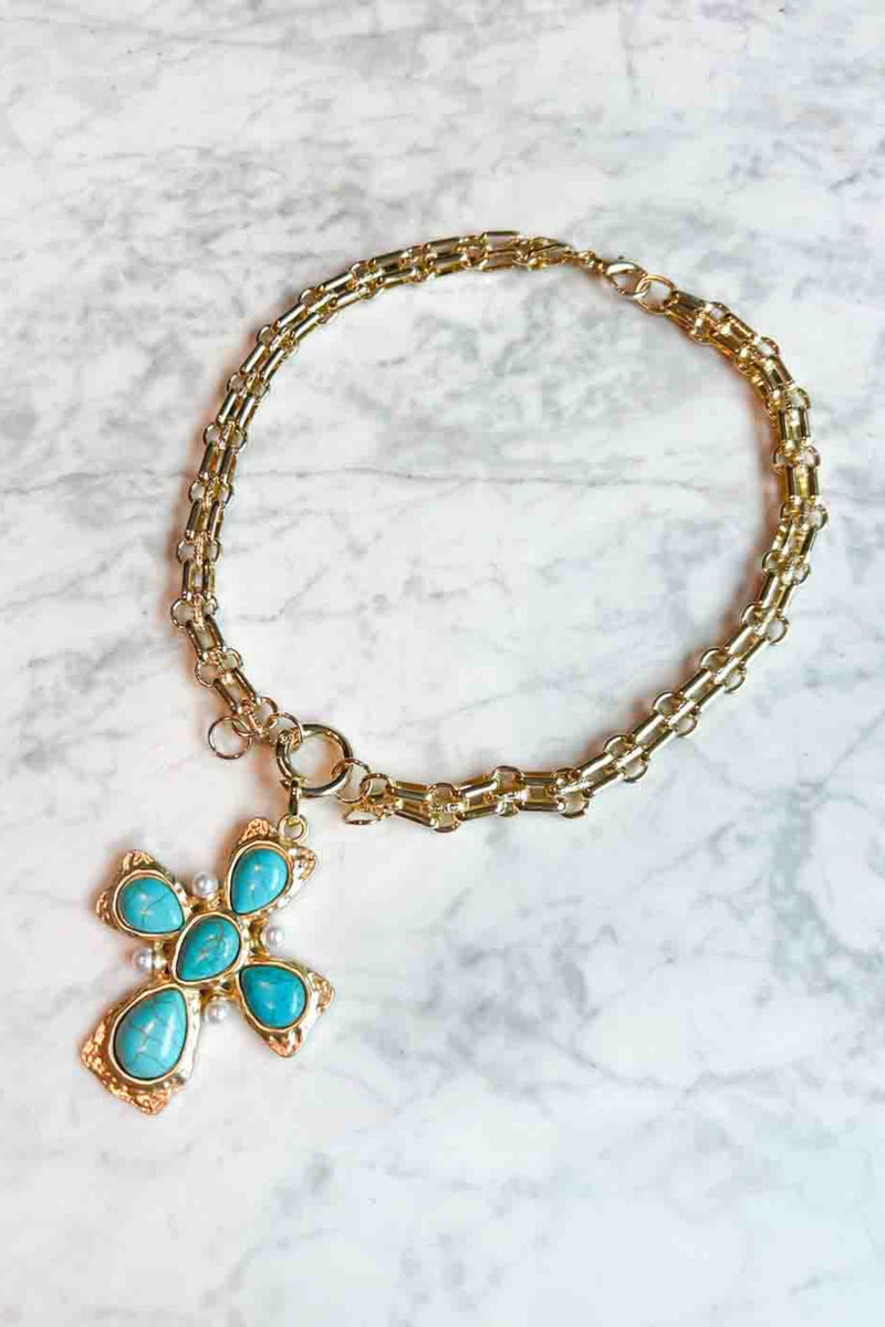 Gold Necklace With Turquoise Cross