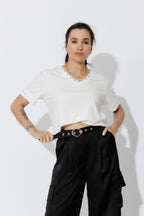 White Tencel V-Neck T-Shirt