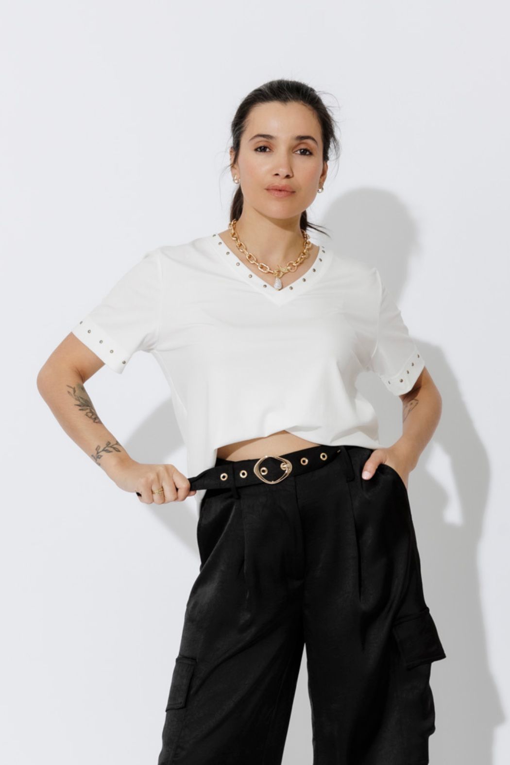 White Tencel V-Neck T-Shirt