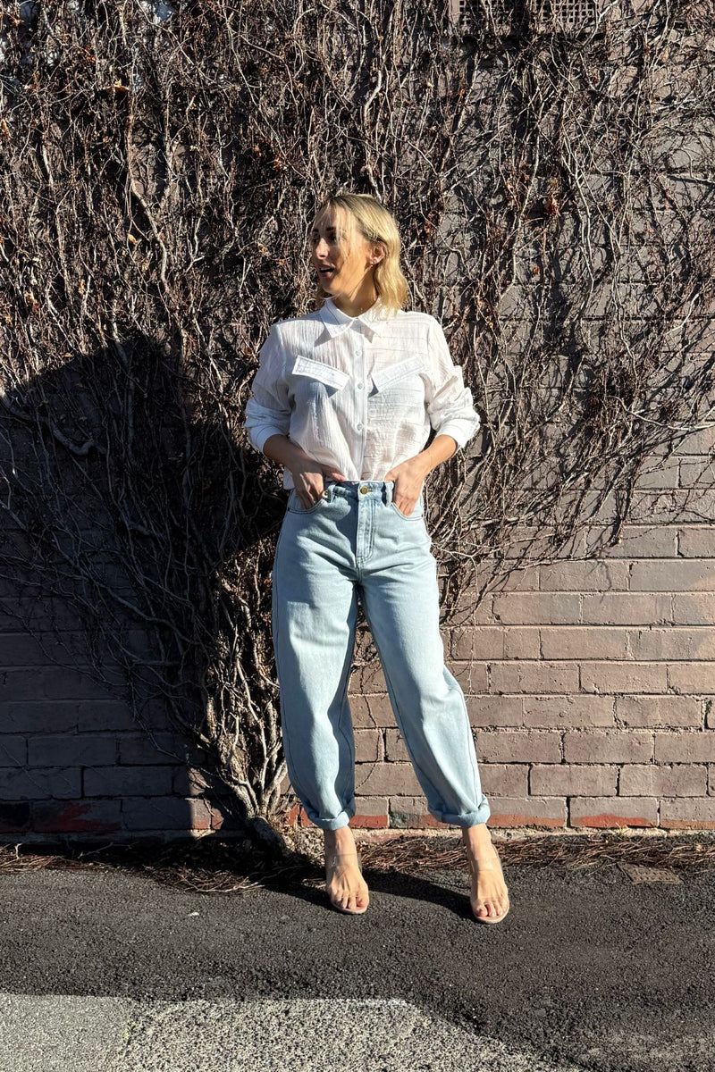 White Tencel Stripe Pocket Shirt