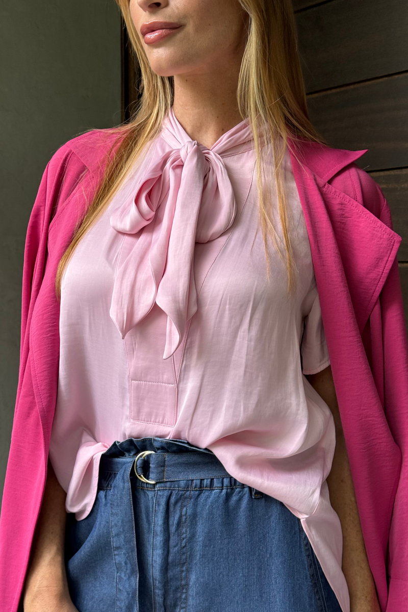 Pale Pink Silky Tie Collar Blogger Shirt