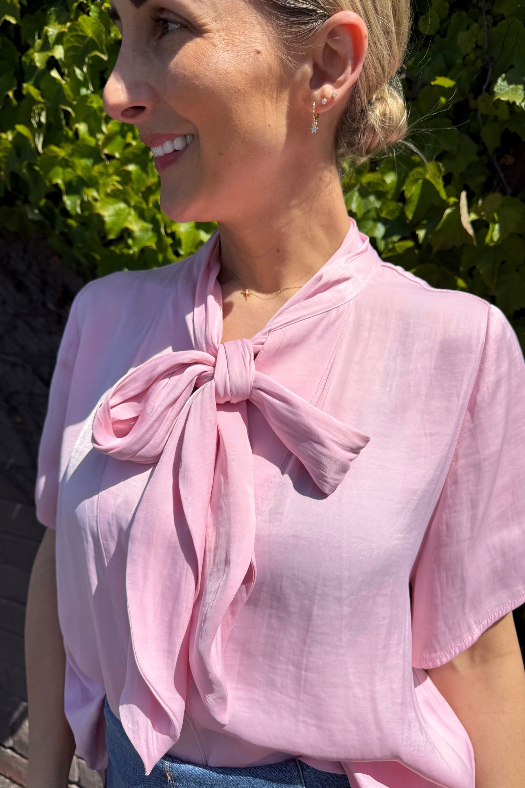 Pale Pink Silky Tie Collar Blogger Shirt