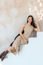 Beige Twist Shoulder Dress