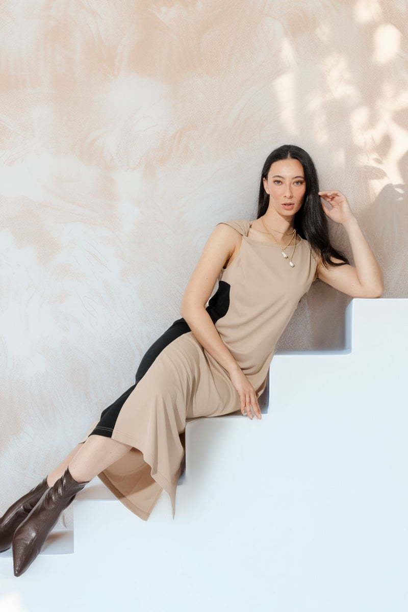 Beige Twist Shoulder Dress