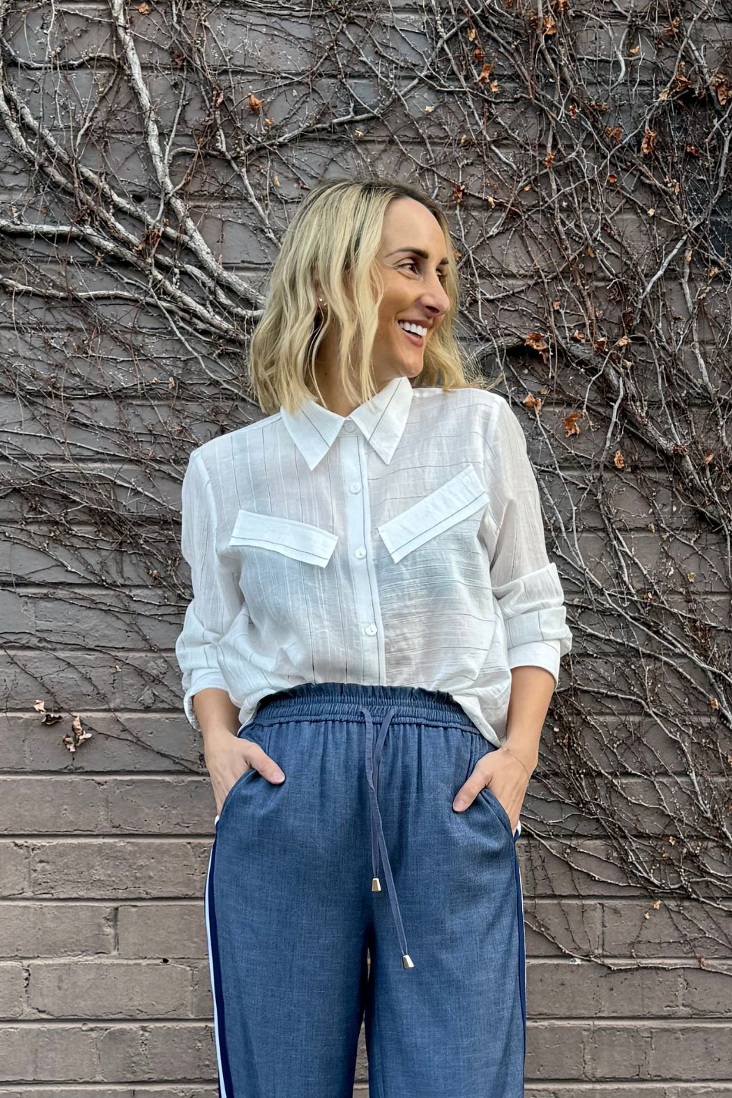 White Tencel Stripe Pocket Shirt