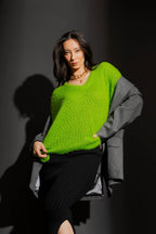 Chartreuse Fluffy V Neck Jumper