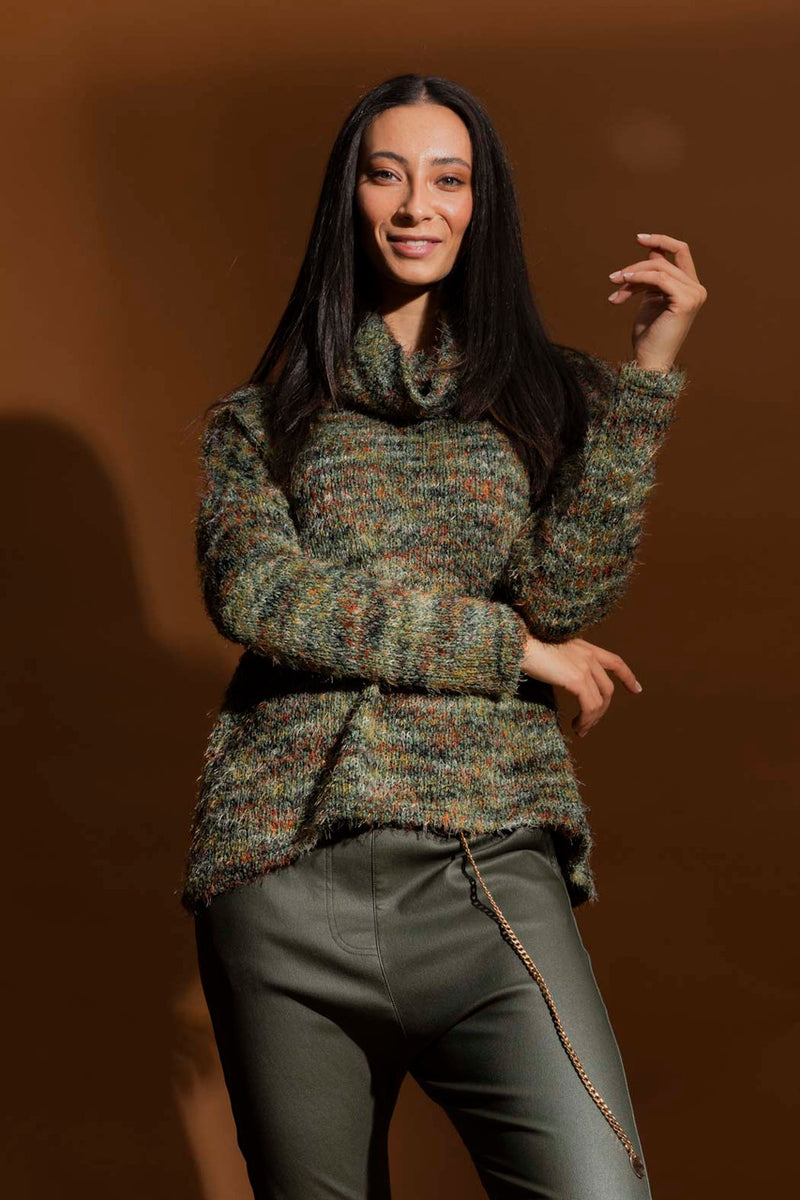 Khaki Speckle Fluffy Roll Neck Jumper