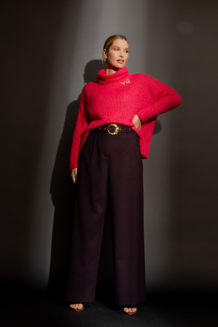 Raspberry Fluffy Roll Neck Jumper
