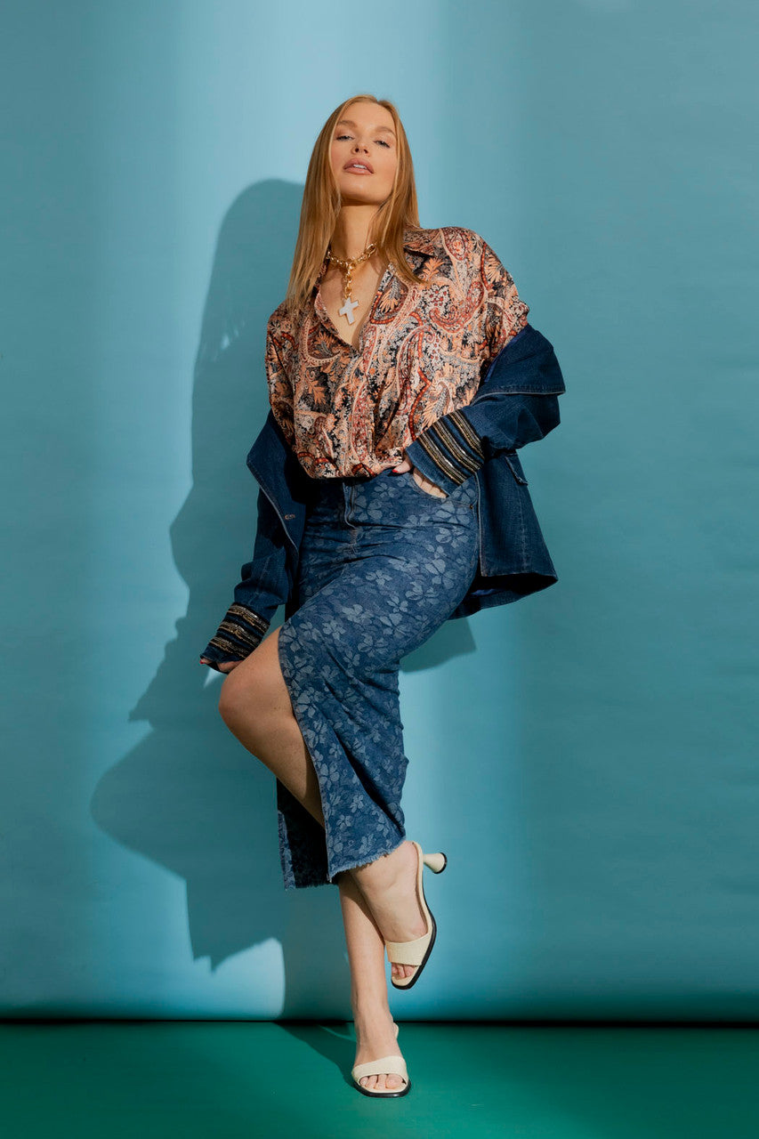 Dark Floral Denim Skirt