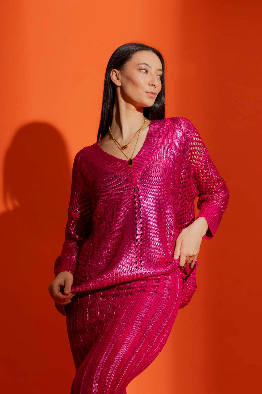 Pink Crochet Foil V Neck Jumper