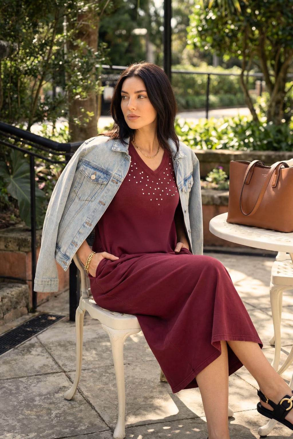 Burgundy Washed Cotton Diamante Dress