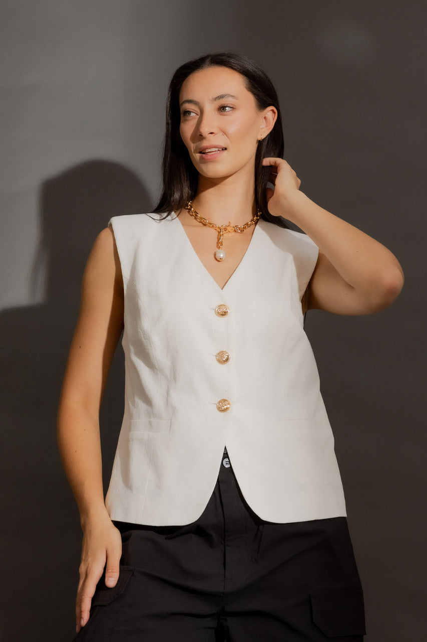 Ivory Sandwashed Linen Tailored Vest