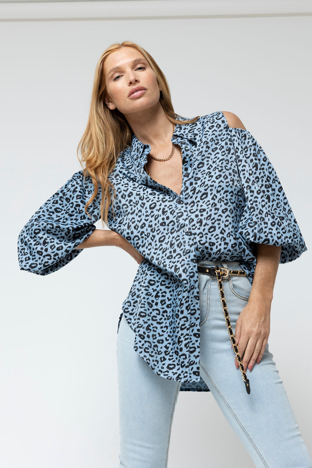 Blue Animal Chambray Shoulder Shirt - Sale