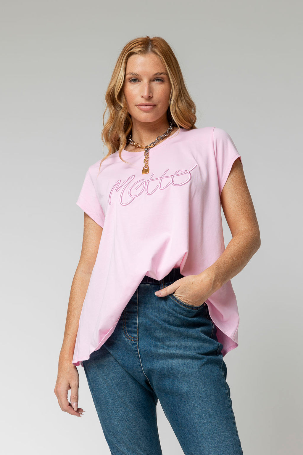 Pink Motto Embroidered T Shirt