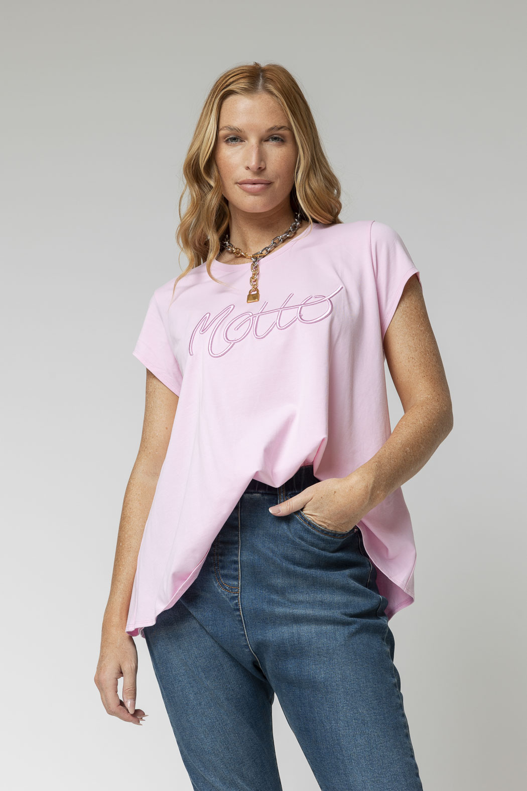Pink Motto Embroidered T Shirt