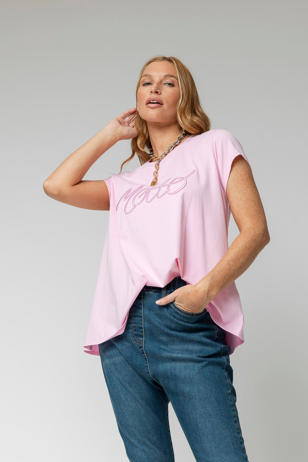 Pink Motto Embroidered T Shirt