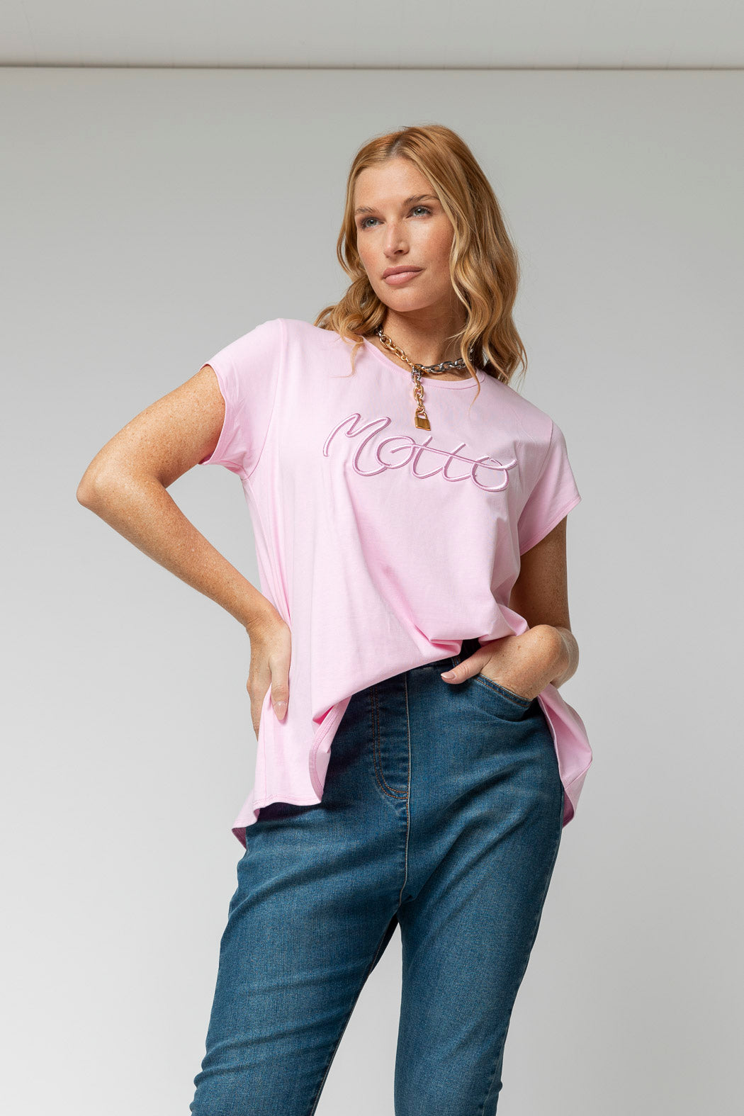 Pink Motto Embroidered T Shirt
