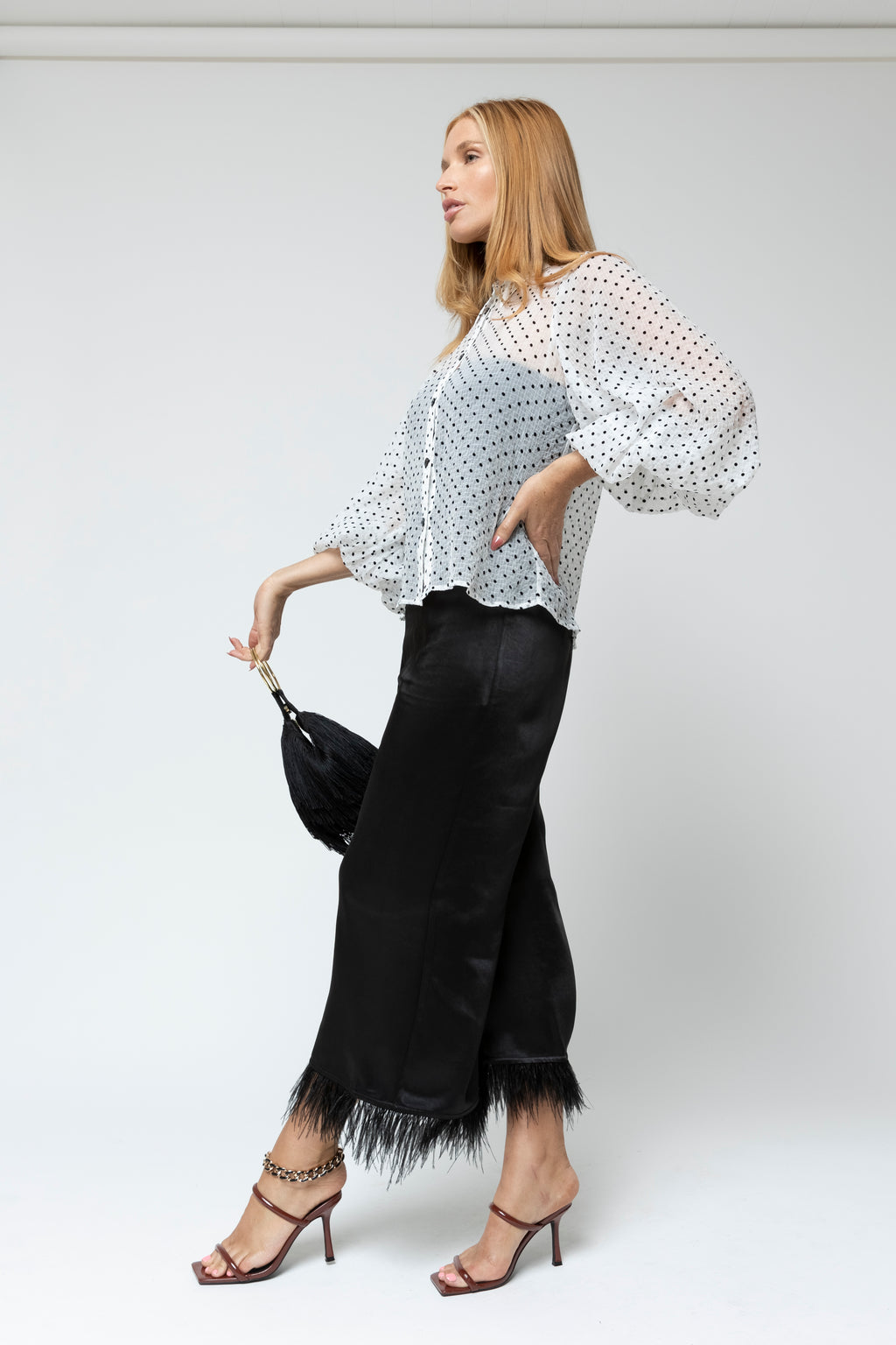 White Polka Dot Balloon Sleeve Shirt