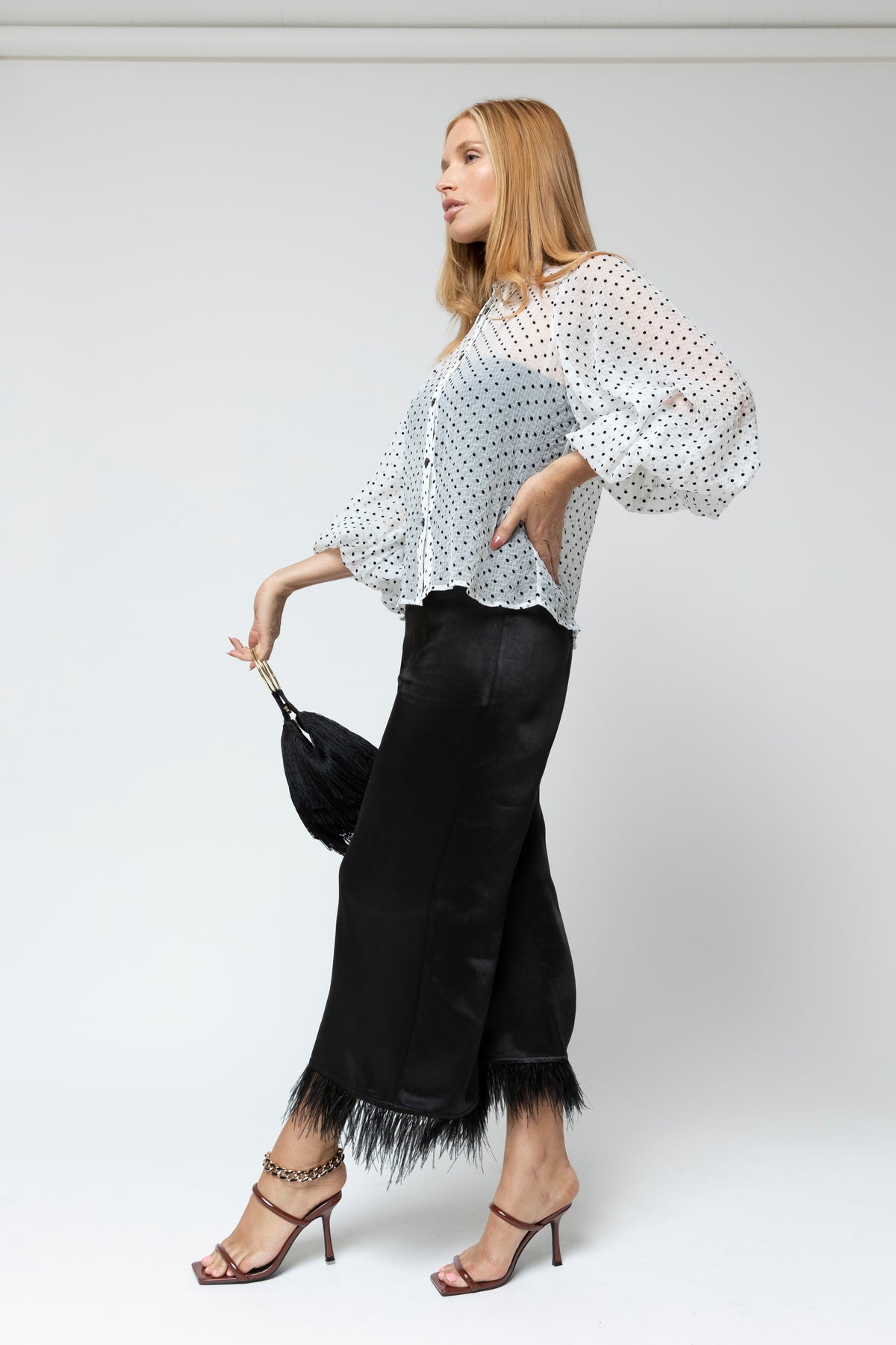 White Polka Dot Balloon Sleeve Shirt