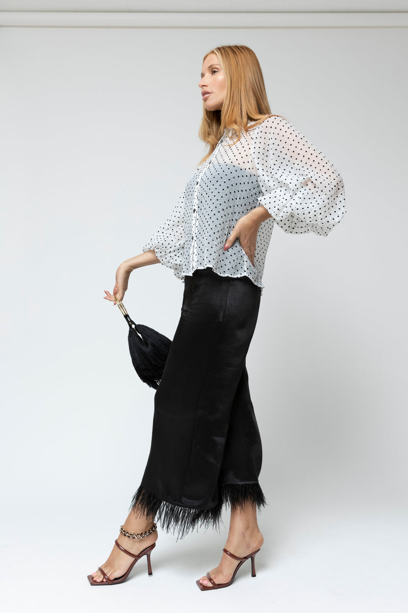 White Polka Dot Balloon Sleeve Shirt