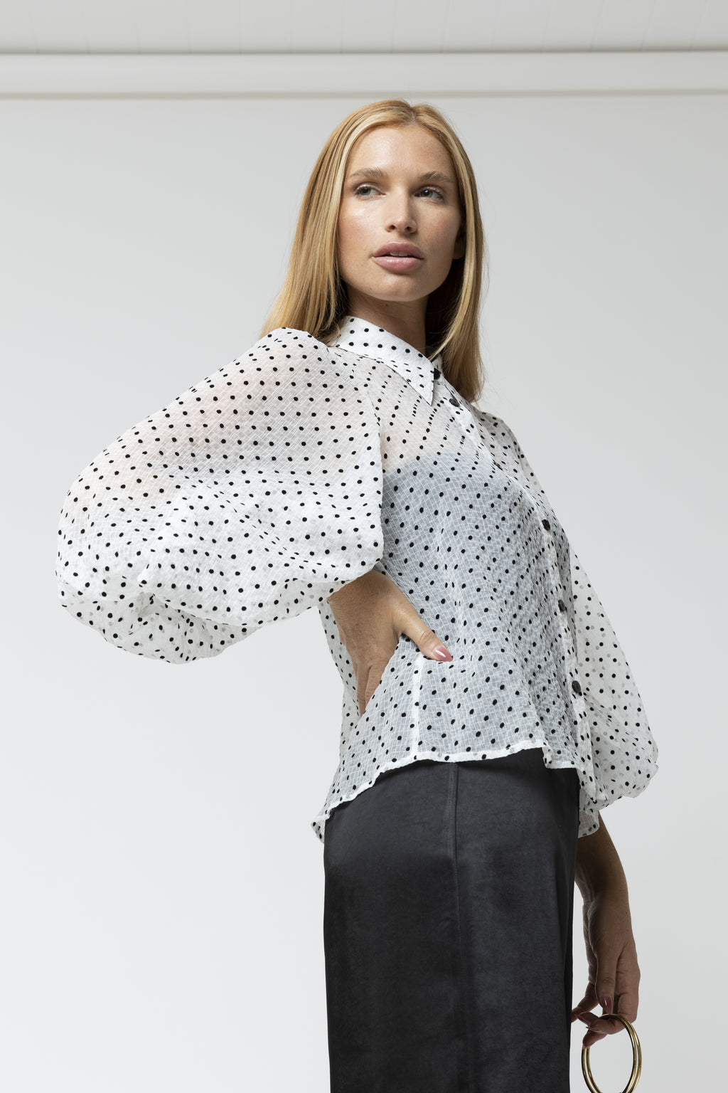 White Polka Dot Balloon Sleeve Shirt