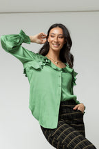 Green Silky Ruffle Blouse - Sale