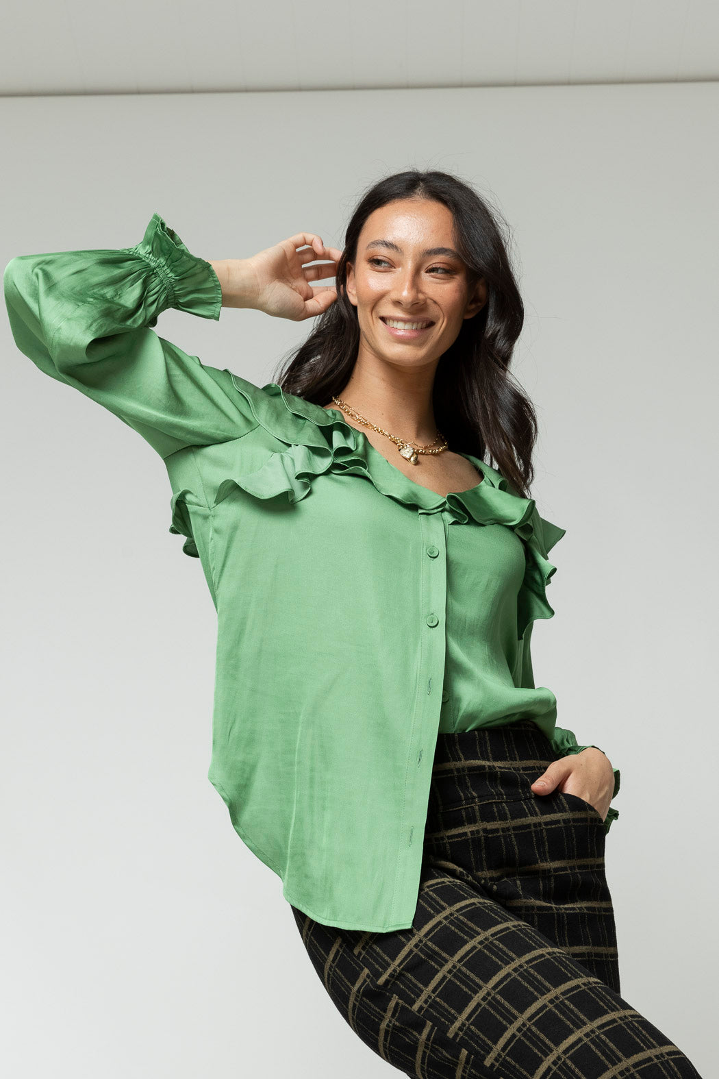 Green Silky Ruffle Blouse - Sale