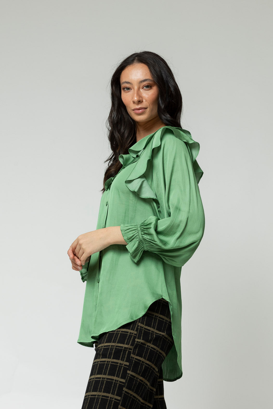 Green Silky Ruffle Blouse - Sale