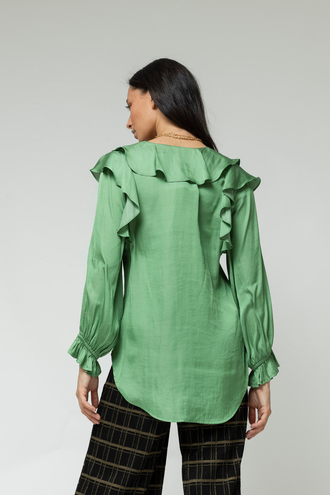 Green Silky Ruffle Blouse - Sale
