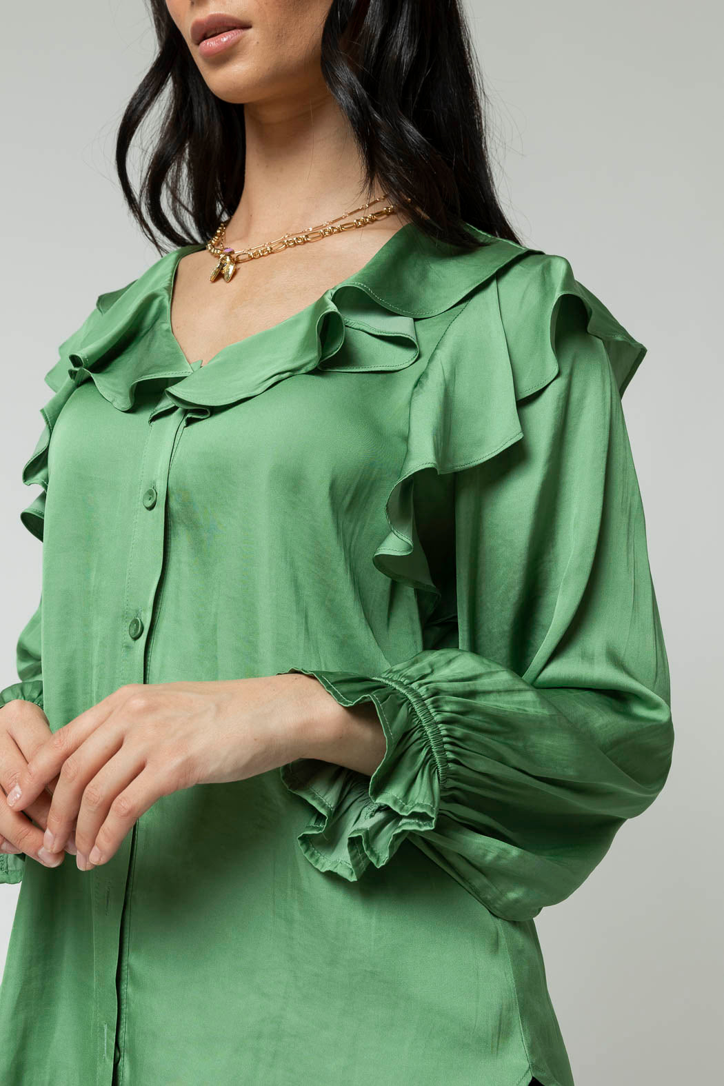 Green Silky Ruffle Blouse - Sale