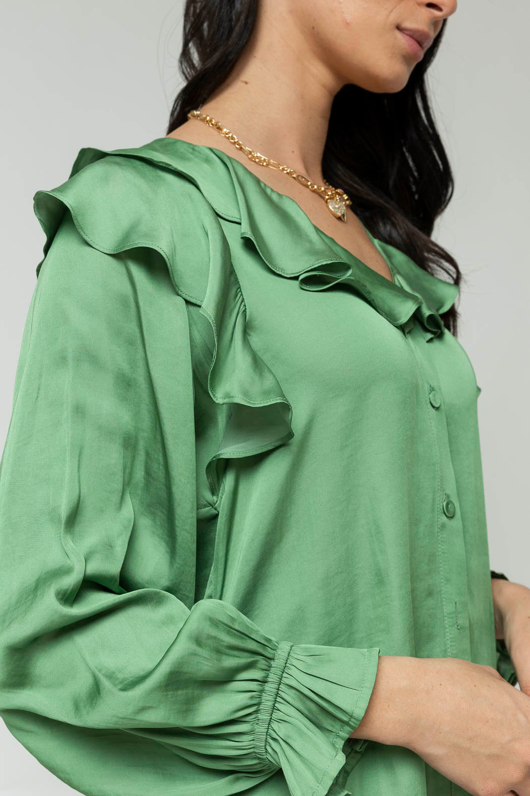 Green Silky Ruffle Blouse - Sale