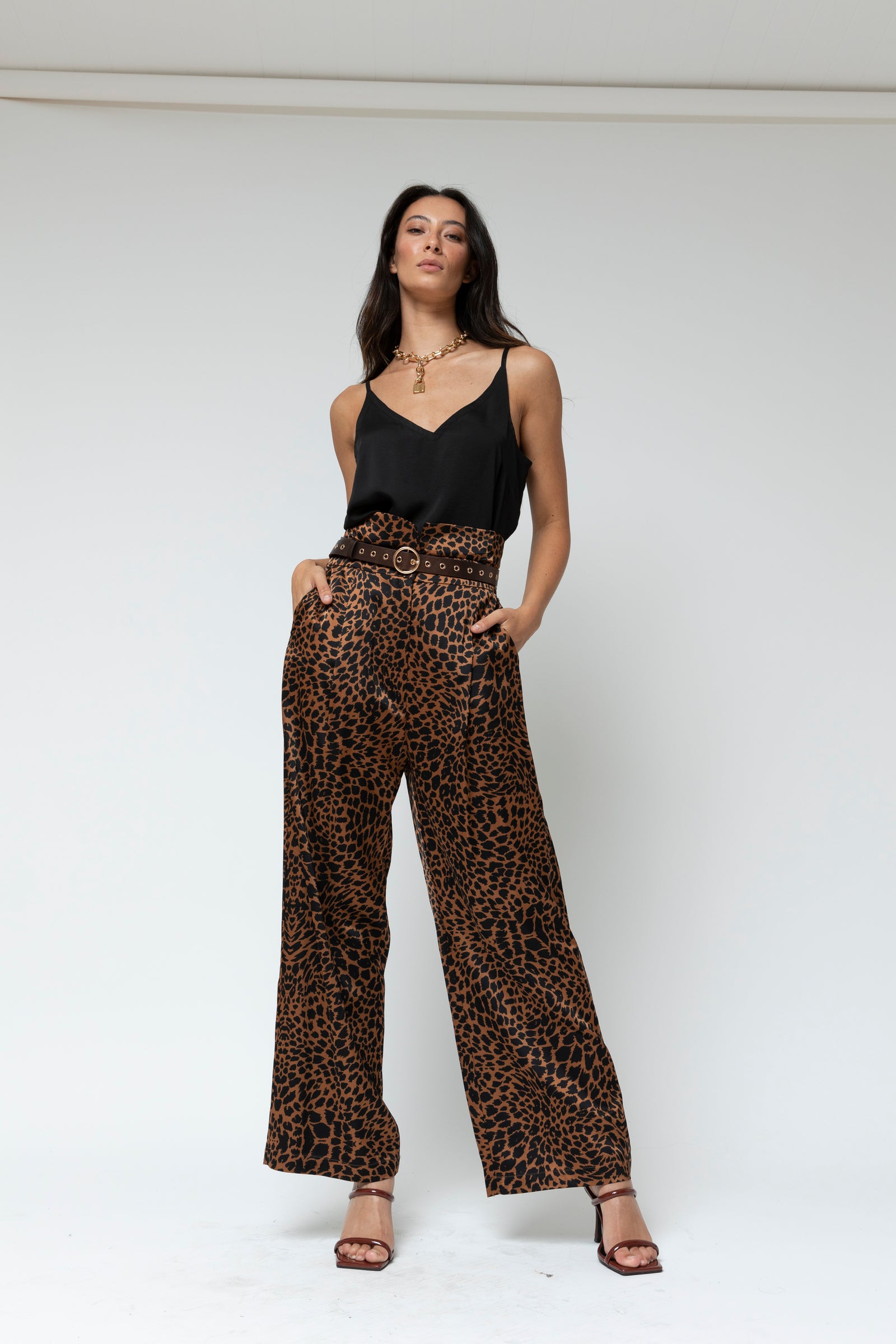 Tan Animal Silky Paperbag Pant - Final Sale