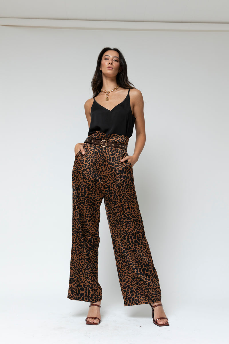 Tan Animal Silky Paperbag Pant - Final Sale