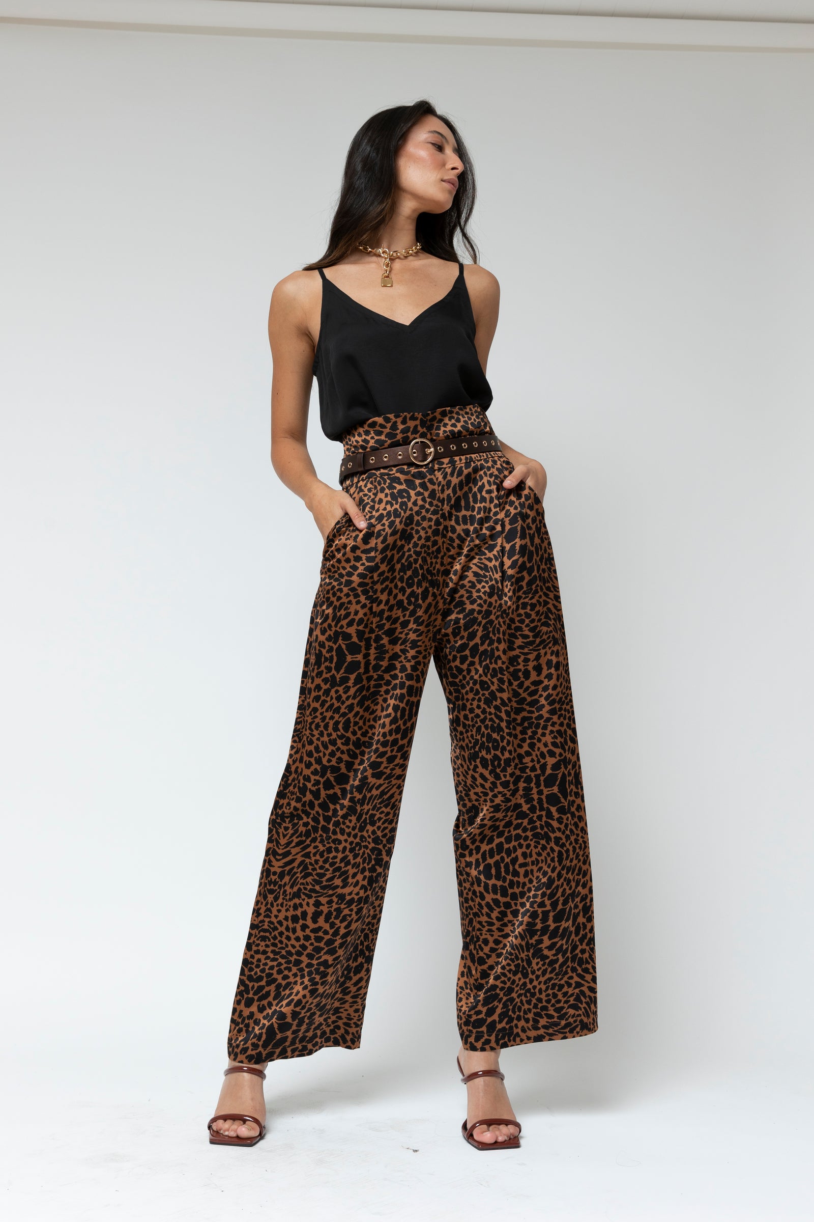 Tan Animal Silky Paperbag Pant - Final Sale