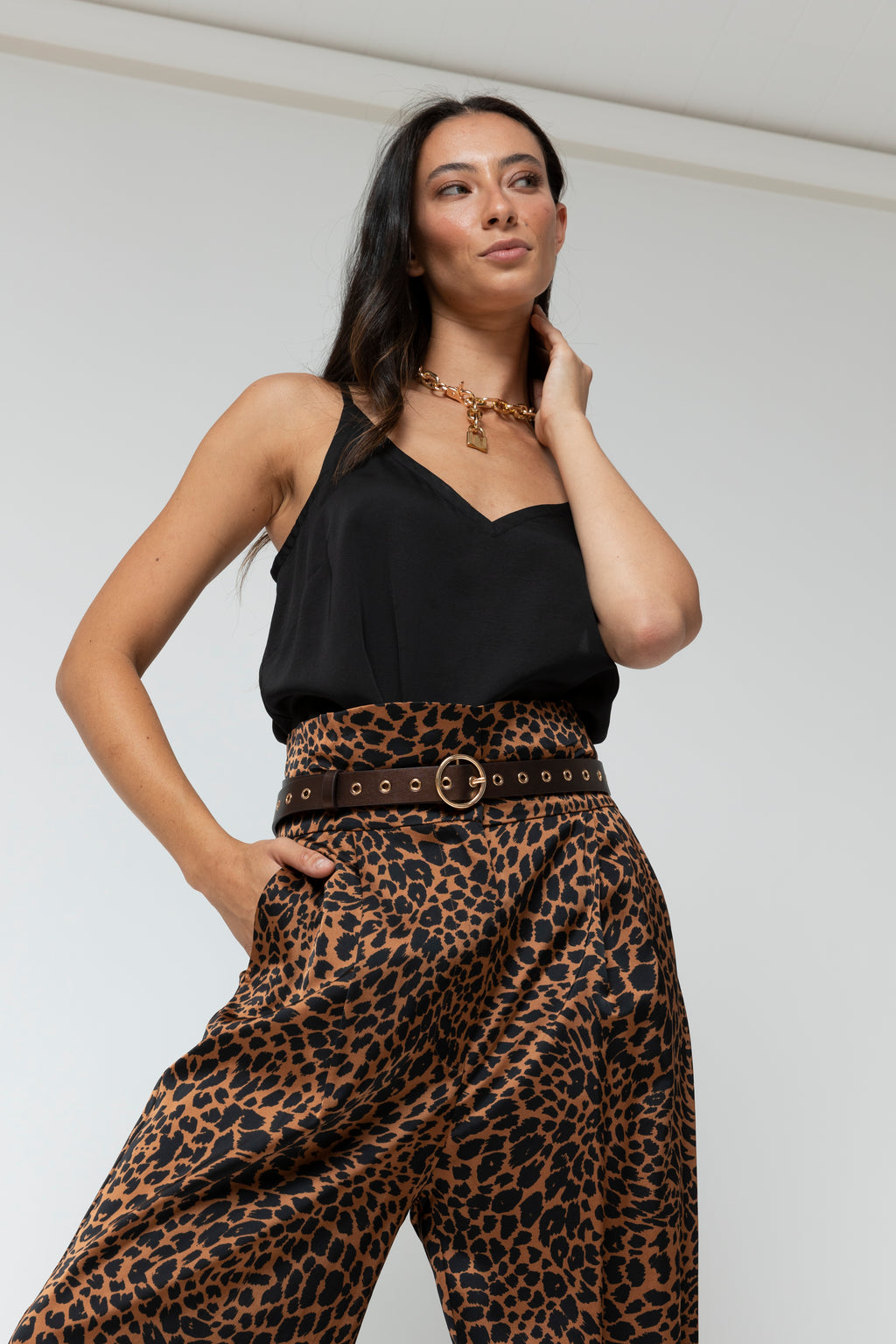 Tan Animal Silky Paperbag Pant - Final Sale