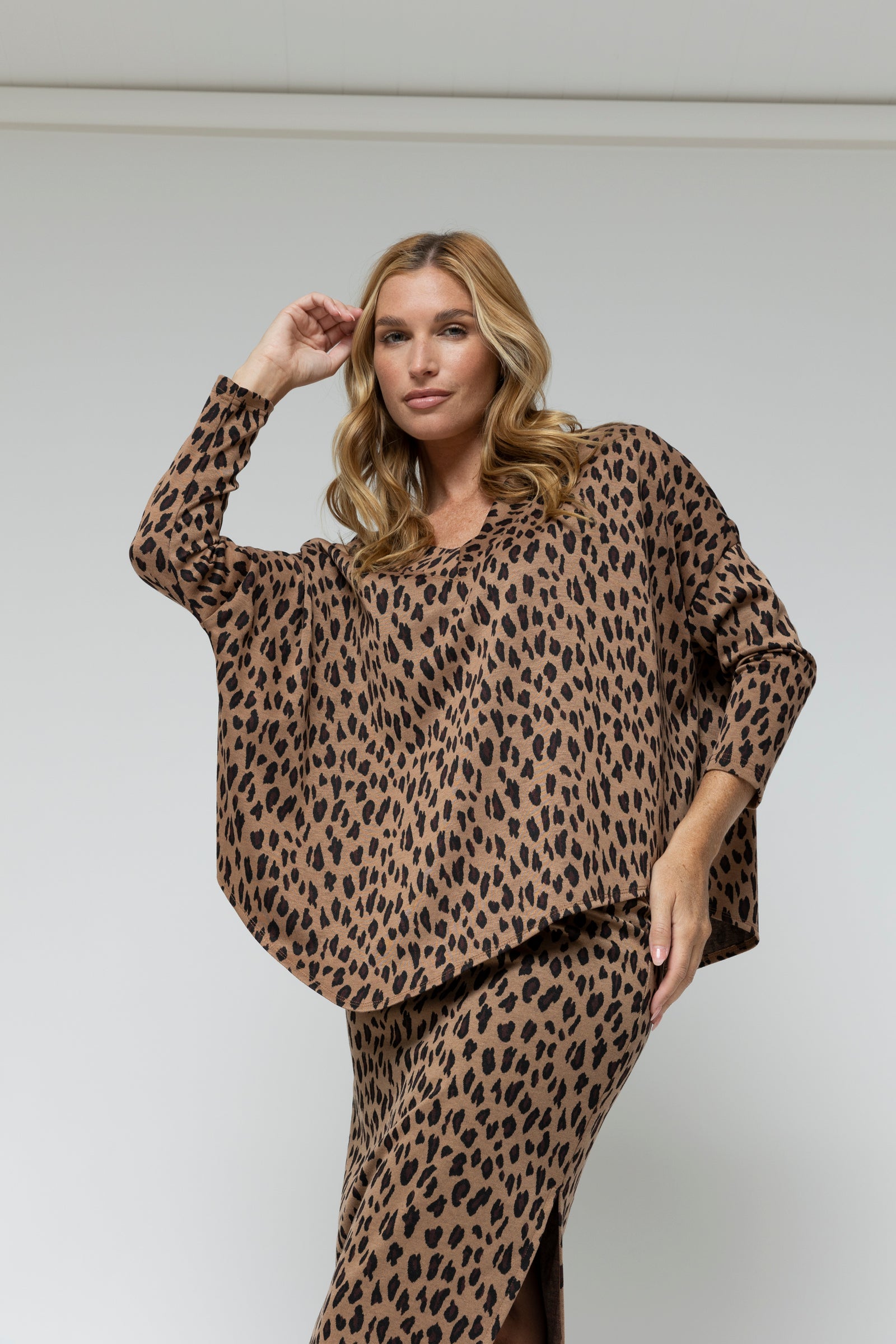 Tan Animal Jacquard V Neck Jumper - Sale