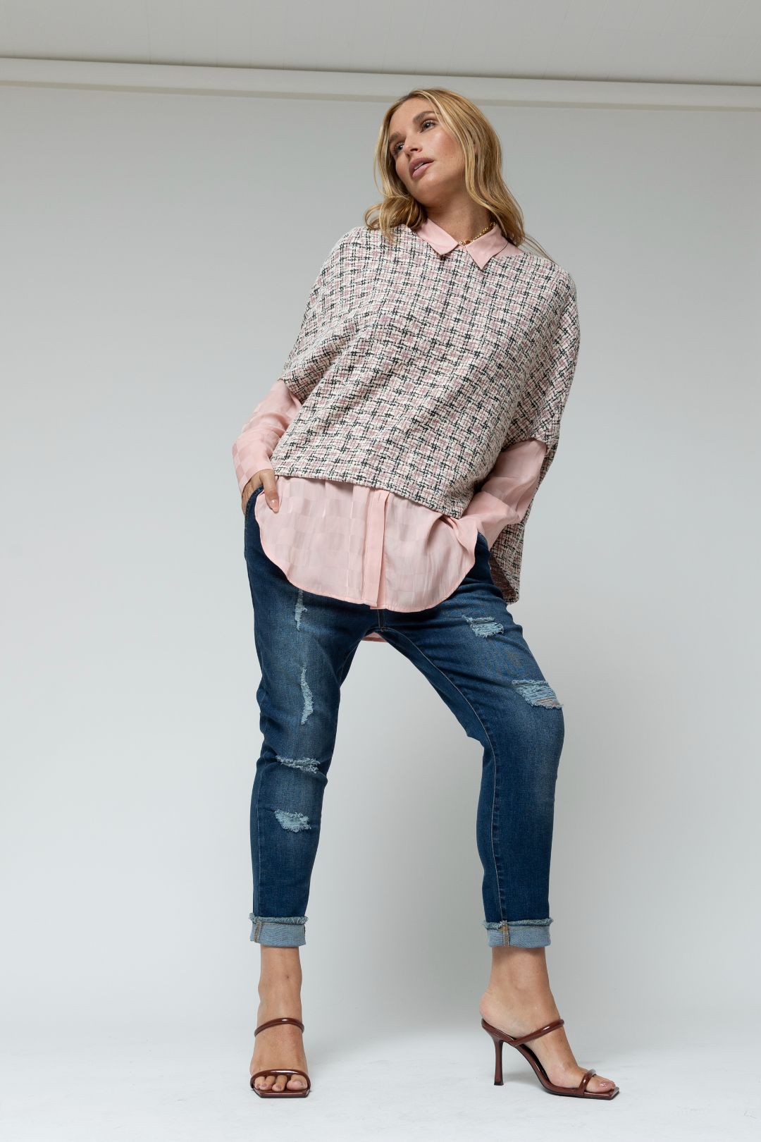 Pink Tweed Cape Top