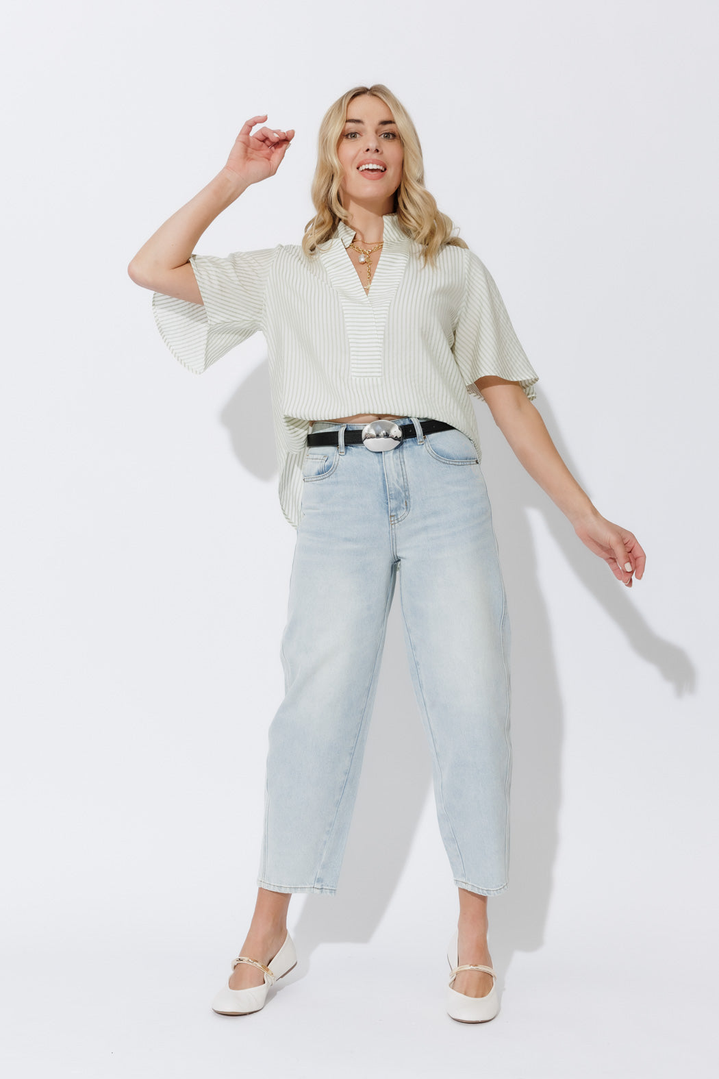 Green Stripe Milan Fluted Blogger Shirt