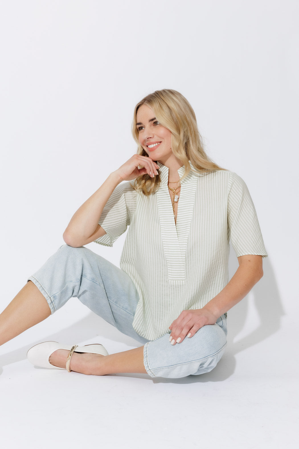 Green Stripe Milan Fluted Blogger Shirt