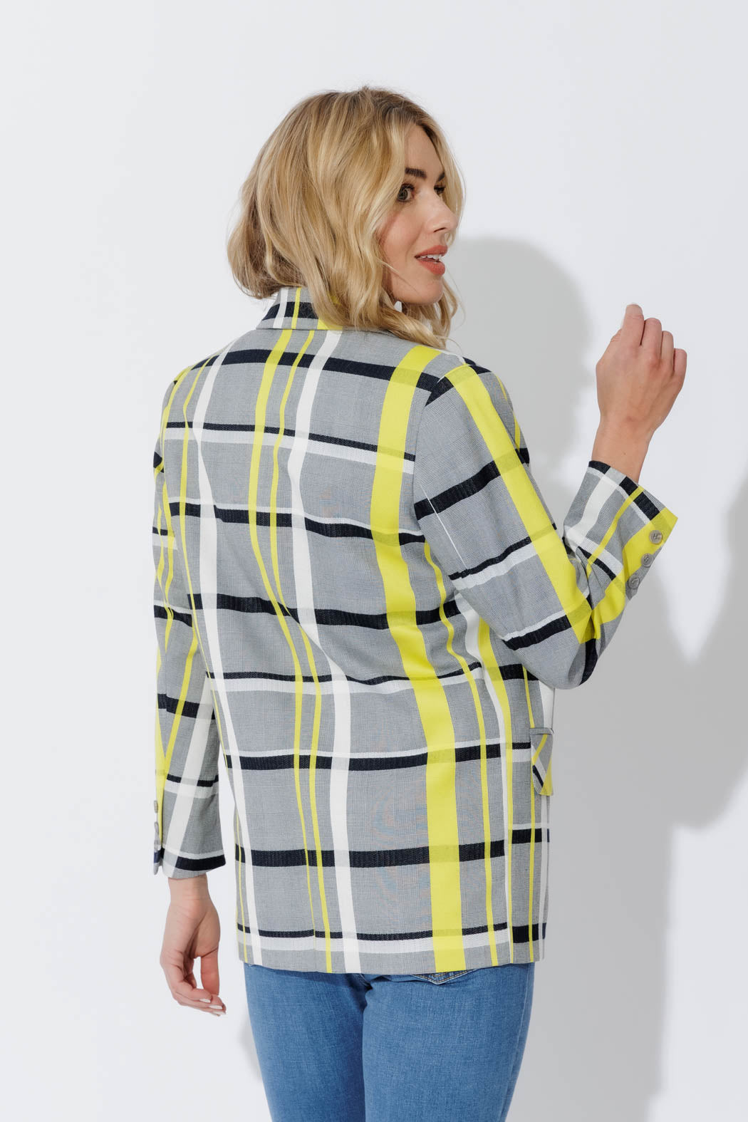 Neon Check Boyfriend Blazer from behind — oversized silhouette, woven check and tortoise cuff buttons in effortless style.