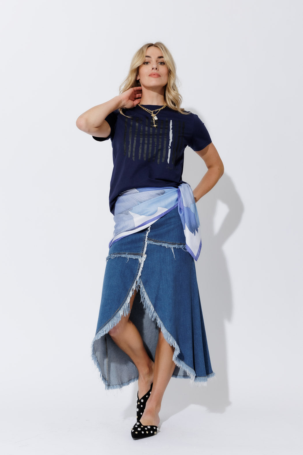 Light Denim Fringe Skirt