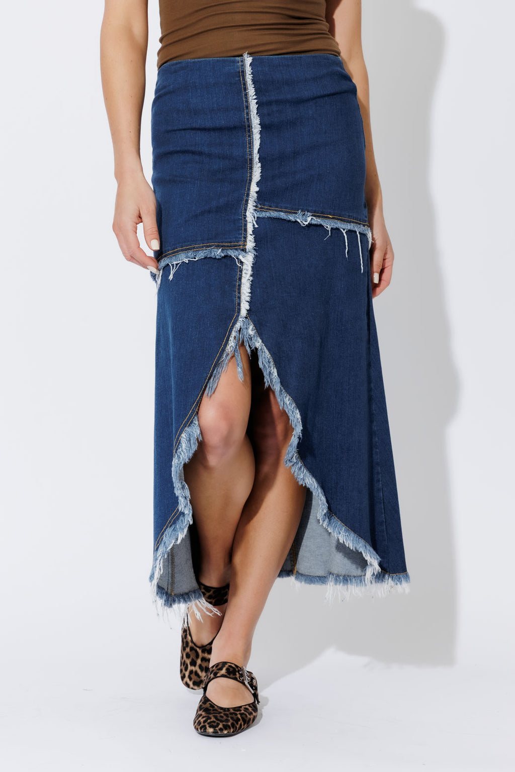 Mid Denim Fringe Skirt