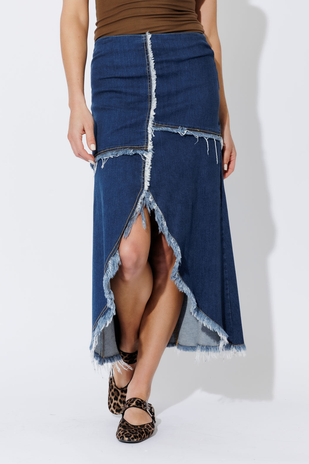Mid Denim Fringe Skirt