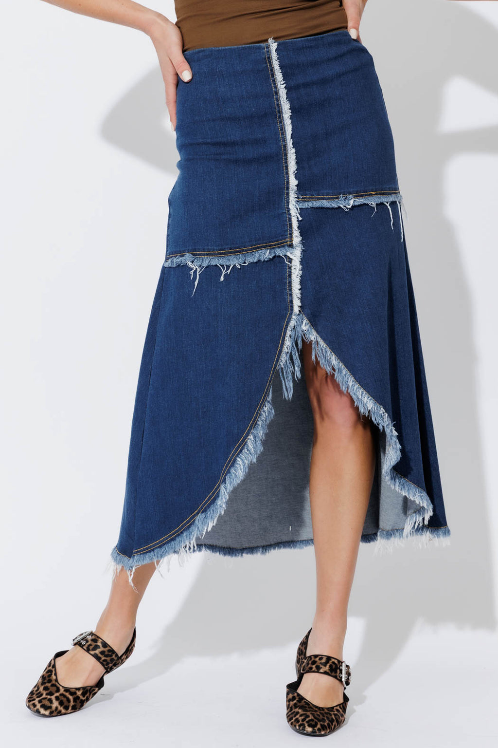 Mid Denim Fringe Skirt