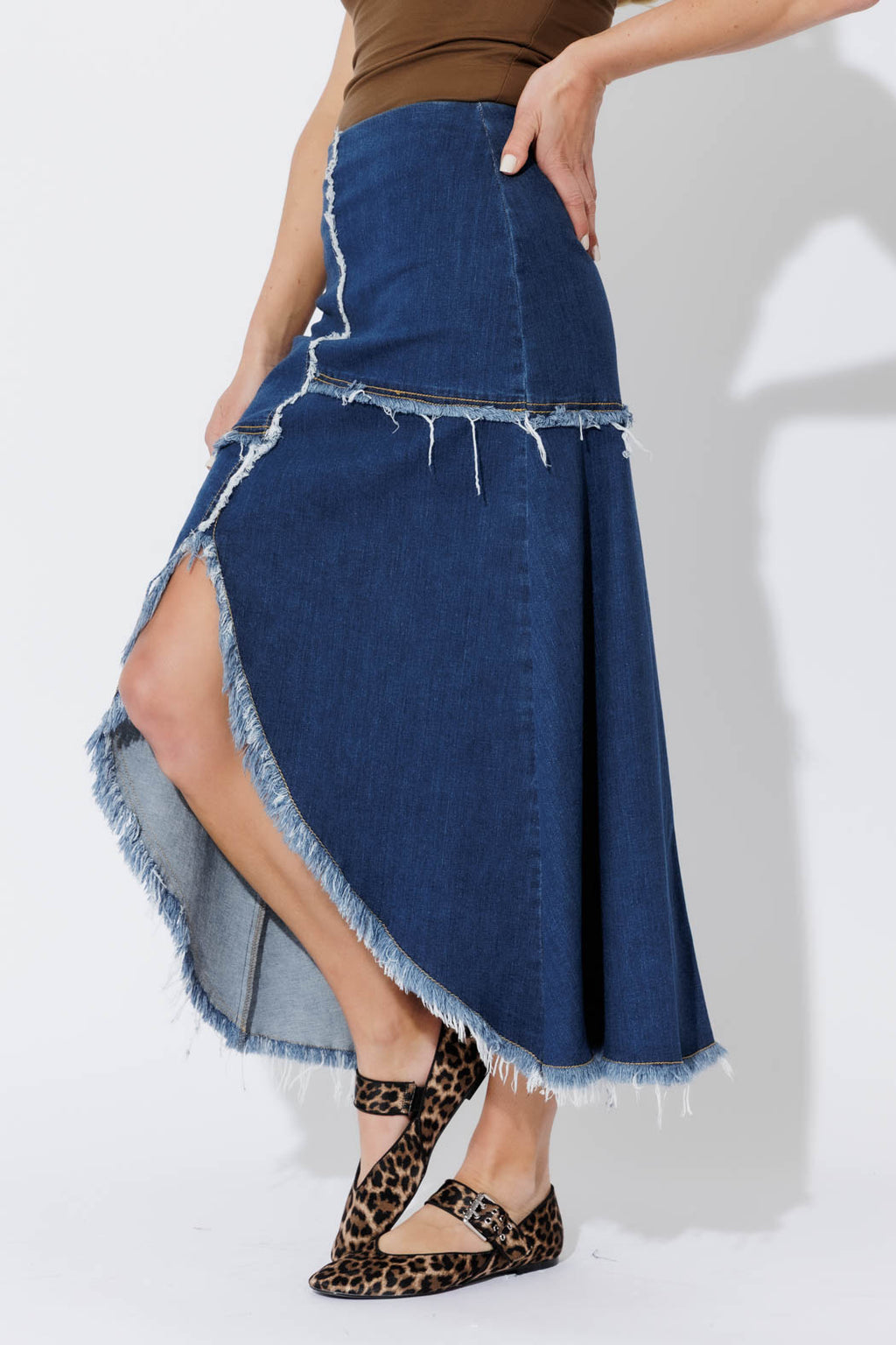 Mid Denim Fringe Skirt