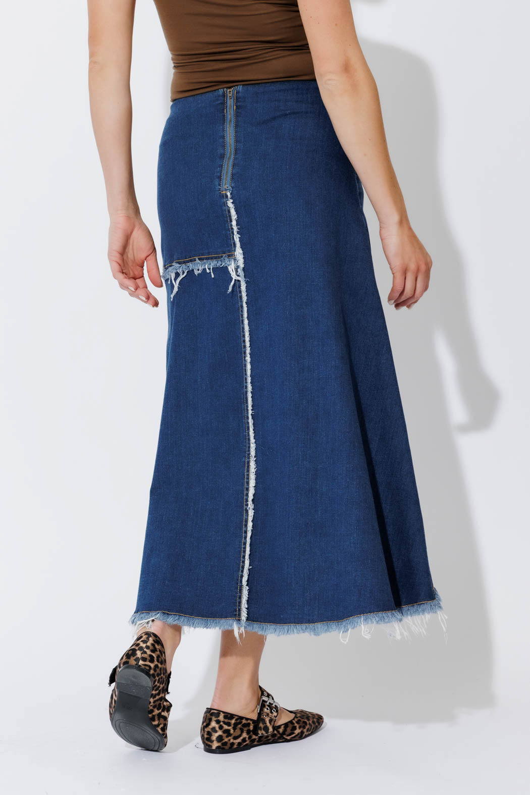 Mid Denim Fringe Skirt