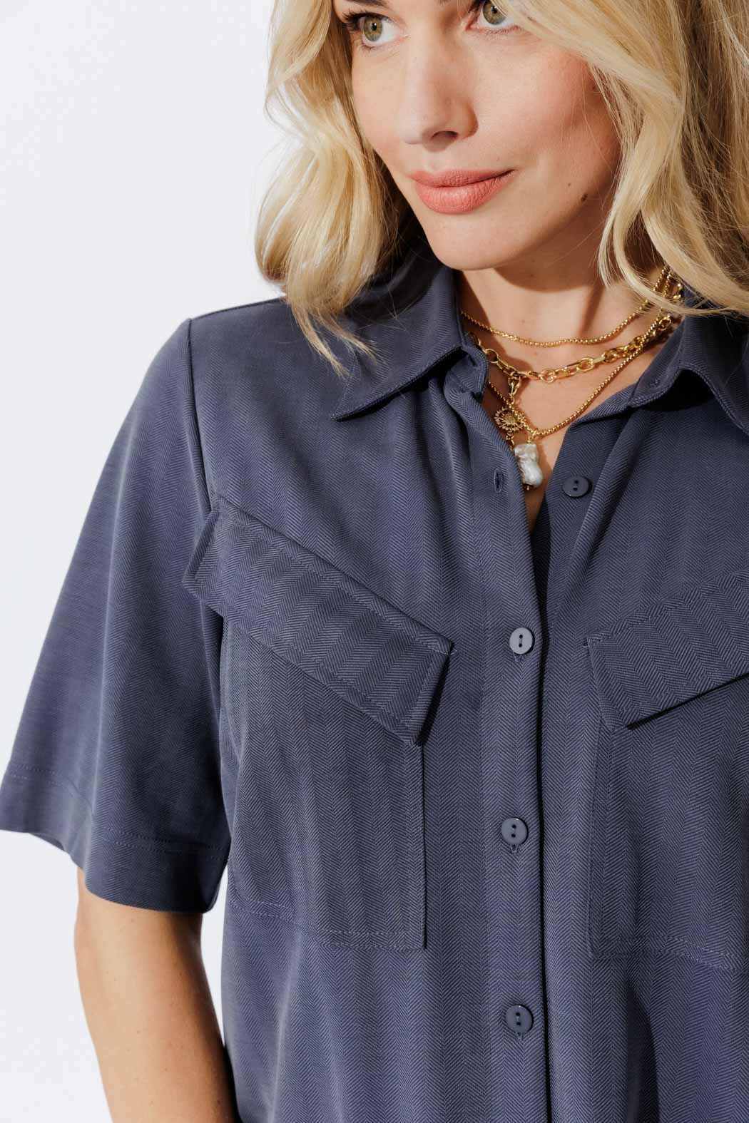 Navy Herringbone Pocket Shirt